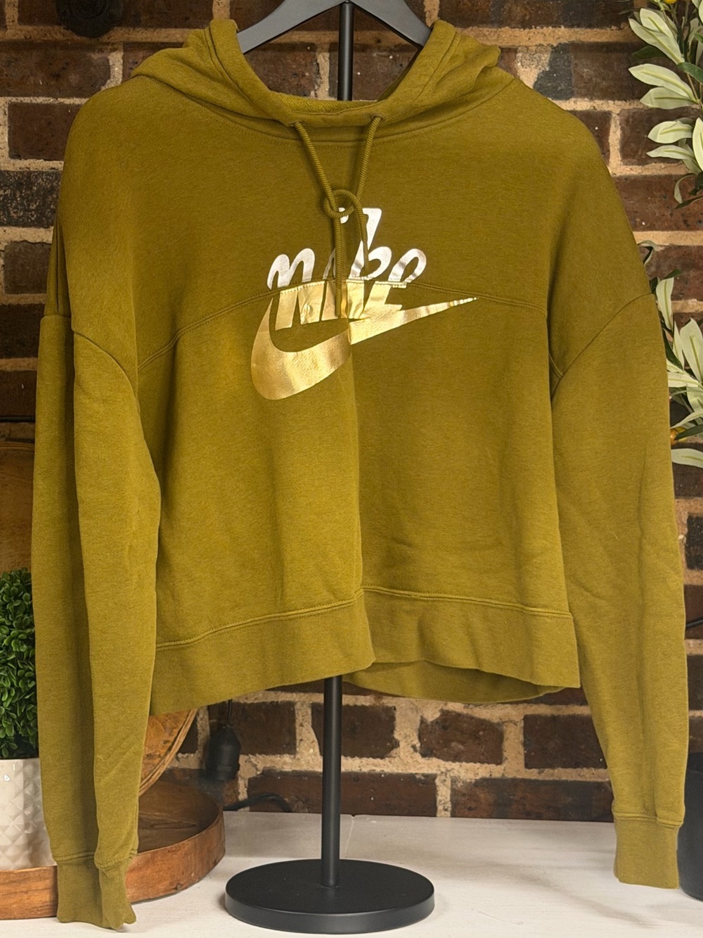Nike Olive Green Cropped Crewneck Hoodie with Gold Logo ladies large